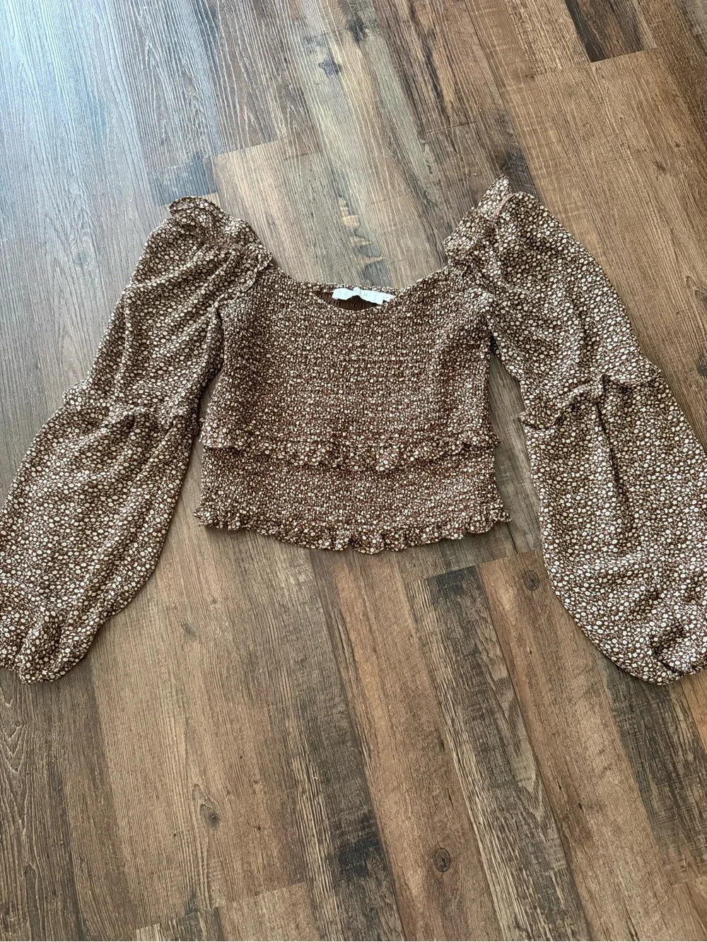 Astr Brown Floral Smocked Ruffle Crop Top